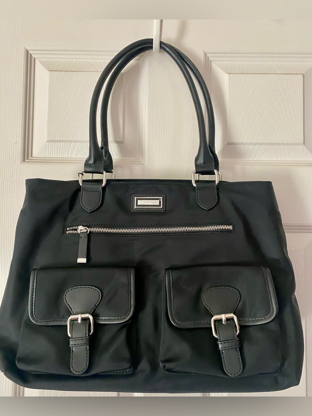 Calvin Klein Black Nylon Shoulder Bag with Front Buckle Pockets A1